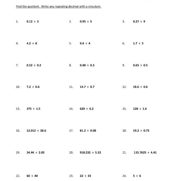 Seventh Grade Dividing Decimals Worksheet 10 â One Page Worksheets